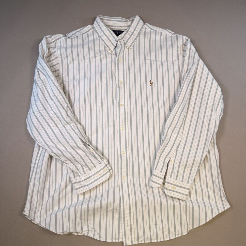 Ralph Lauren Shirt Mens Classic Fit 18 34-35 Teal Flesh Pony Stripes Long Sleeve